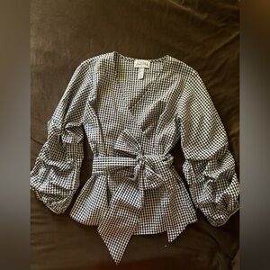 Joseph Ribkoff Gingham Wrap Blouse Seersucker Puff Sleeve Tie Waist